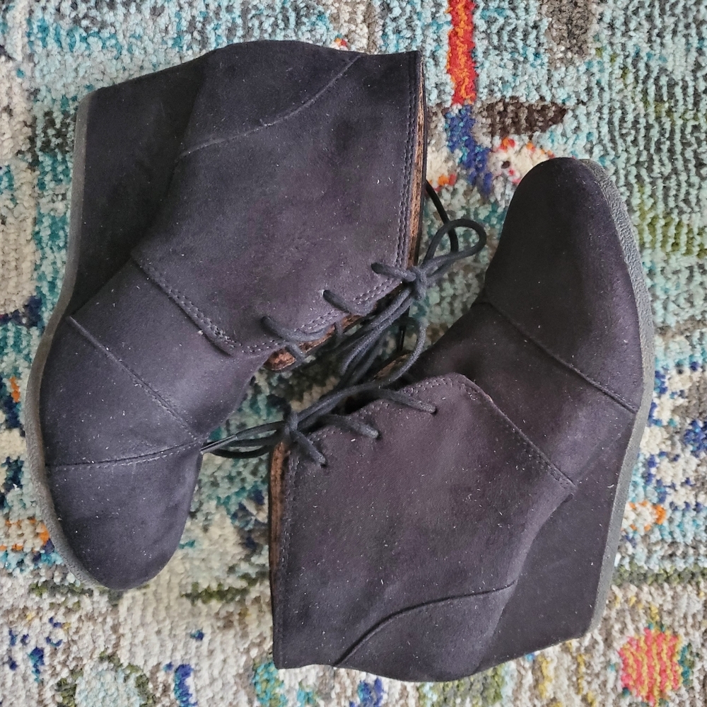 Black suede wedges, size 7.5